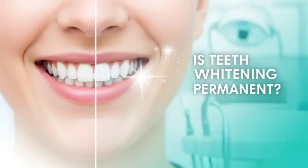 Close-up of a smiling person showing white teeth after professional whitening treatment