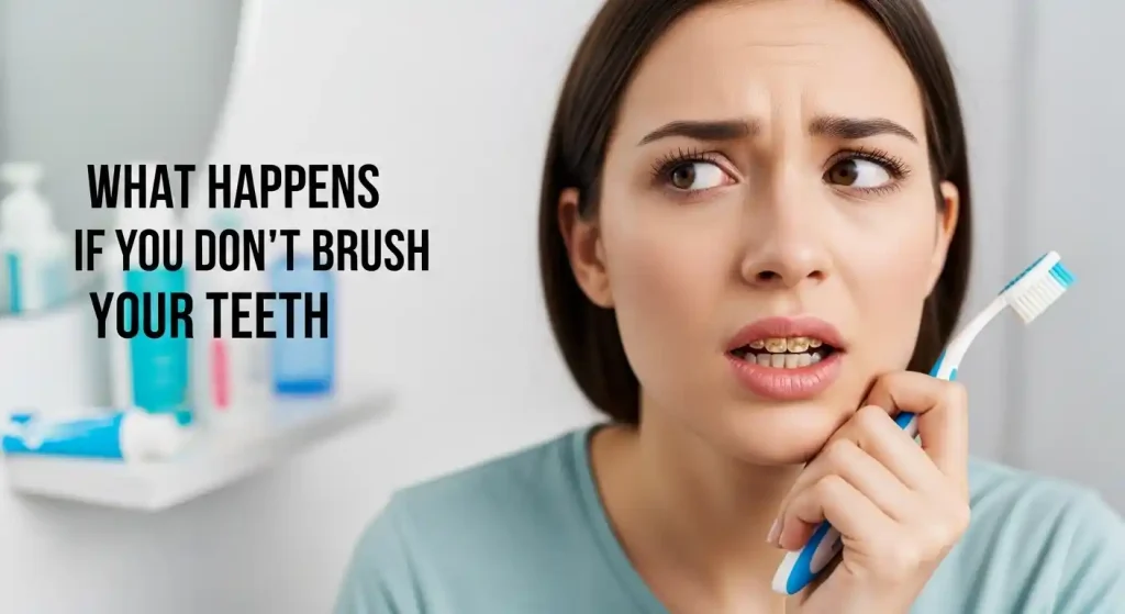 Close-up of yellowing teeth with plaque buildup, toothbrush and toothpaste in the background, illustrating effects of not brushing