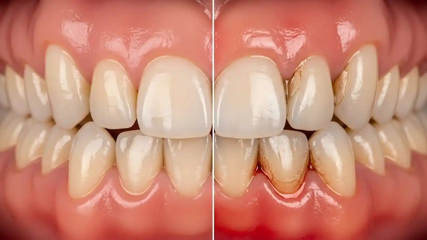 Comparison of healthy pink gums and red swollen gums showing early-stage gum disease with plaque and tartar buildup on teeth