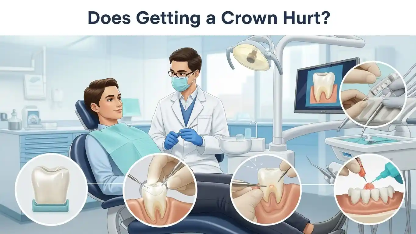 Patient comfortably receiving a painless dental crown procedure in a modern dental clinic with a dentist explaining treatment.