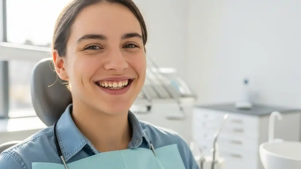 Smiling adult showing slightly yellow teeth in a clean dental office, representing natural tooth discoloration and oral health awareness.