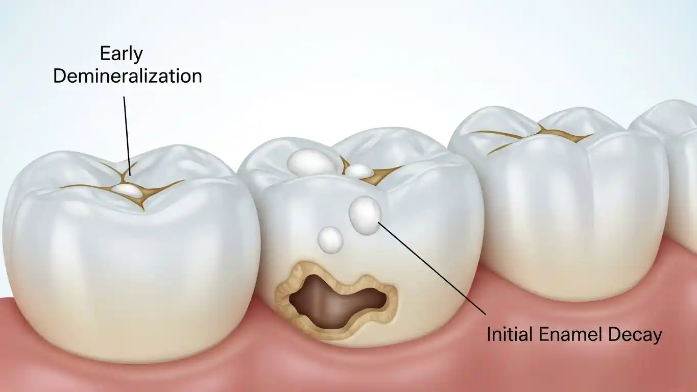 Close-up of a tooth showing early-stage cavity with white chalky spots and slight discoloration.