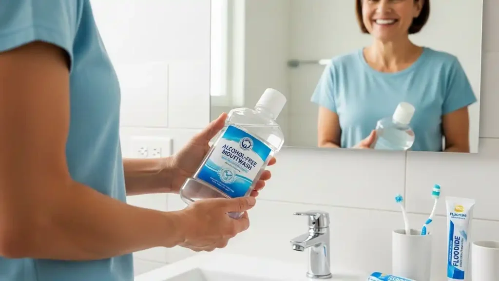 Person holding alcohol-free mouthwash in a bathroom as part of a daily oral care routine