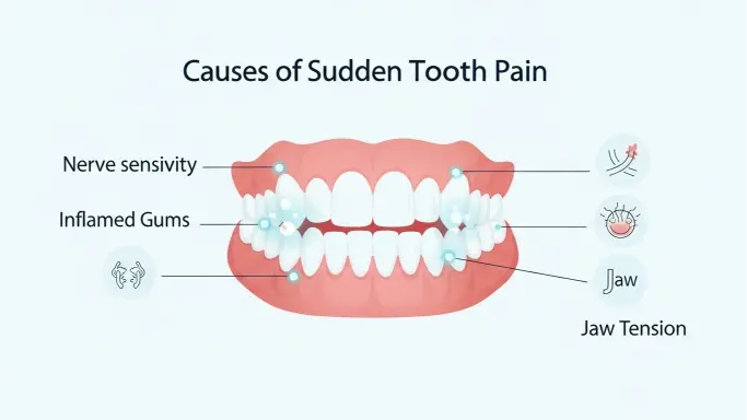 Illustration showing healthy teeth and underlying nerve pathways explaining why all teeth can hurt suddenly due to sensitivity or inflammation