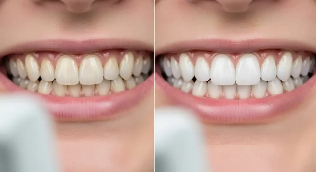 Side-by-side comparison of a patient’s teeth before and after porcelain veneers showing a bright, natural smile
