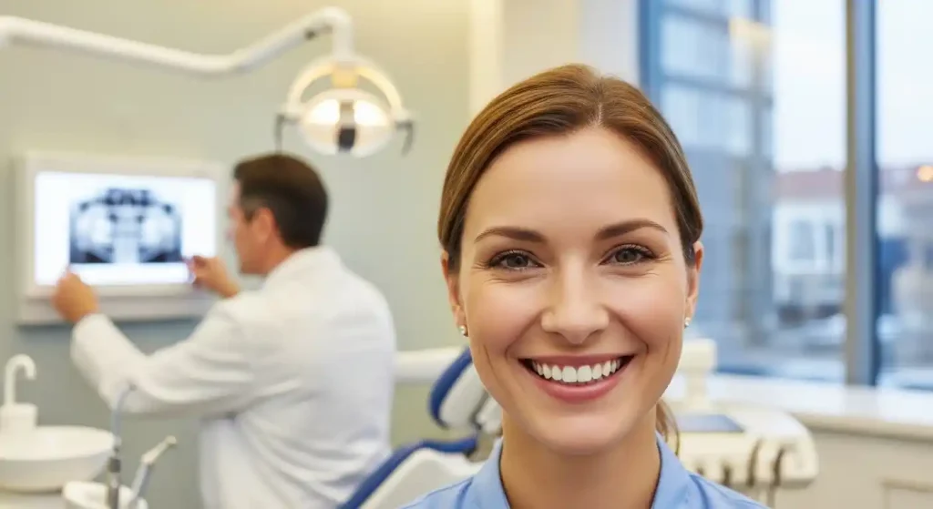 Patient smiling with bright, natural veneers in a modern San Tan Valley dental clinic