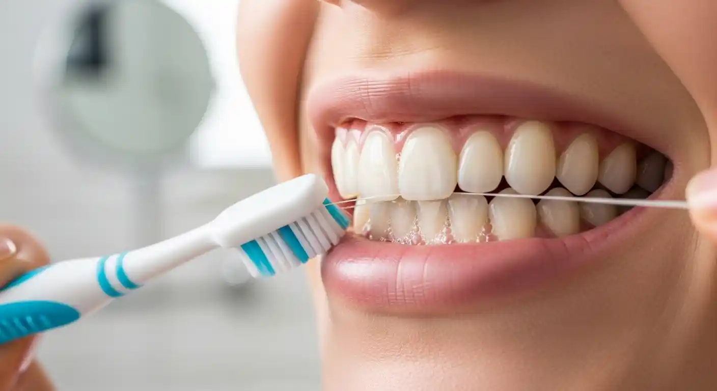 Patient brushing and flossing teeth to maintain porcelain and composite veneers