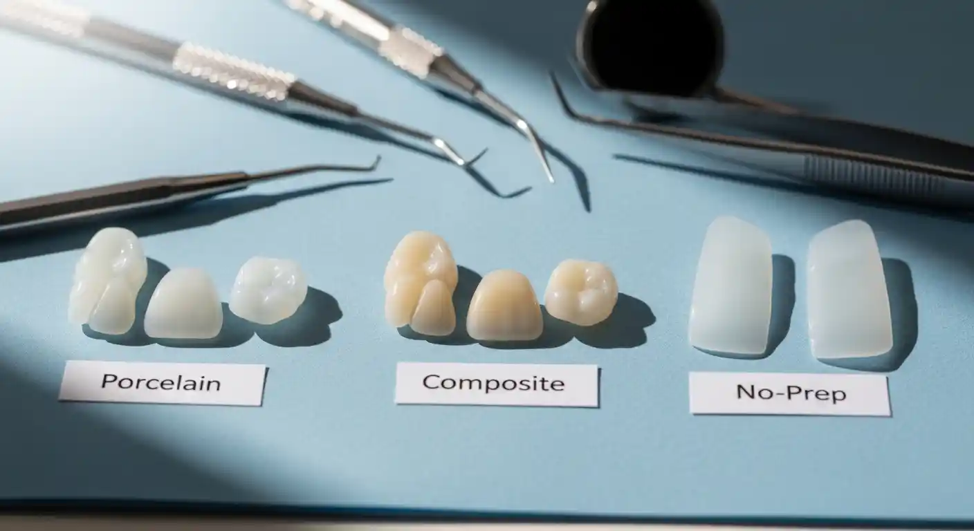 Different types of dental veneers including porcelain, composite, and no-prep veneers on a dental tray