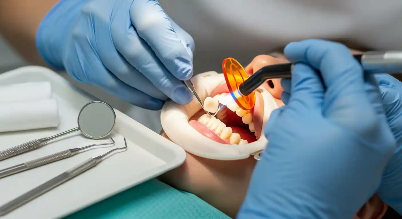 Dentist bonding a porcelain veneer to a patient’s tooth using adhesive and curing light