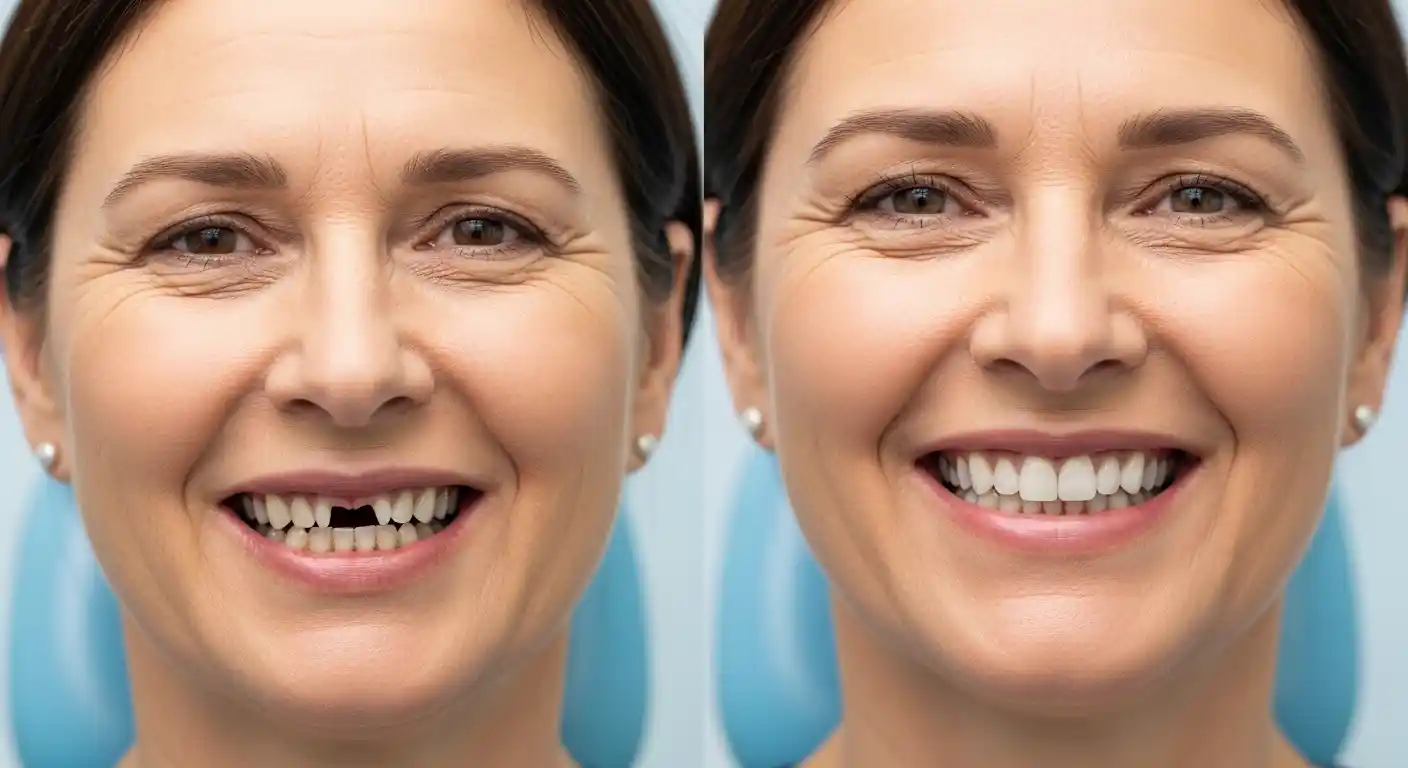 Before and after dental bridge treatment for multiple missing teeth showing improved smile