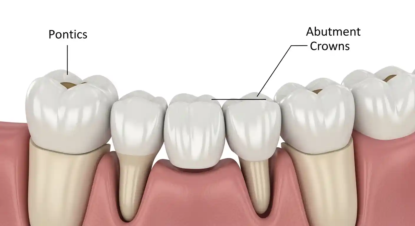 Diagram showing dental bridge structure with pontics and abutment teeth