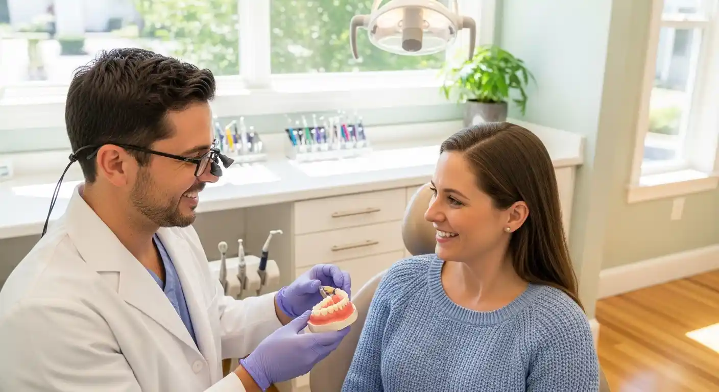 Dentist explaining dental bridge options to patient in San Tan Valley AZ