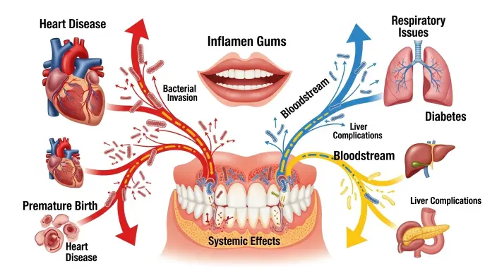 Infographic showing how gum disease affects heart, lungs, and bloodstream with inflammation and bacterial impact.