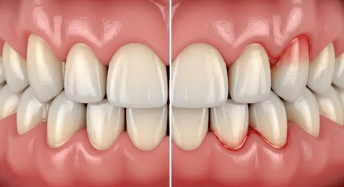 Side-by-side comparison of healthy gums and gums with early gingivitis showing redness, swelling, and slight bleeding.