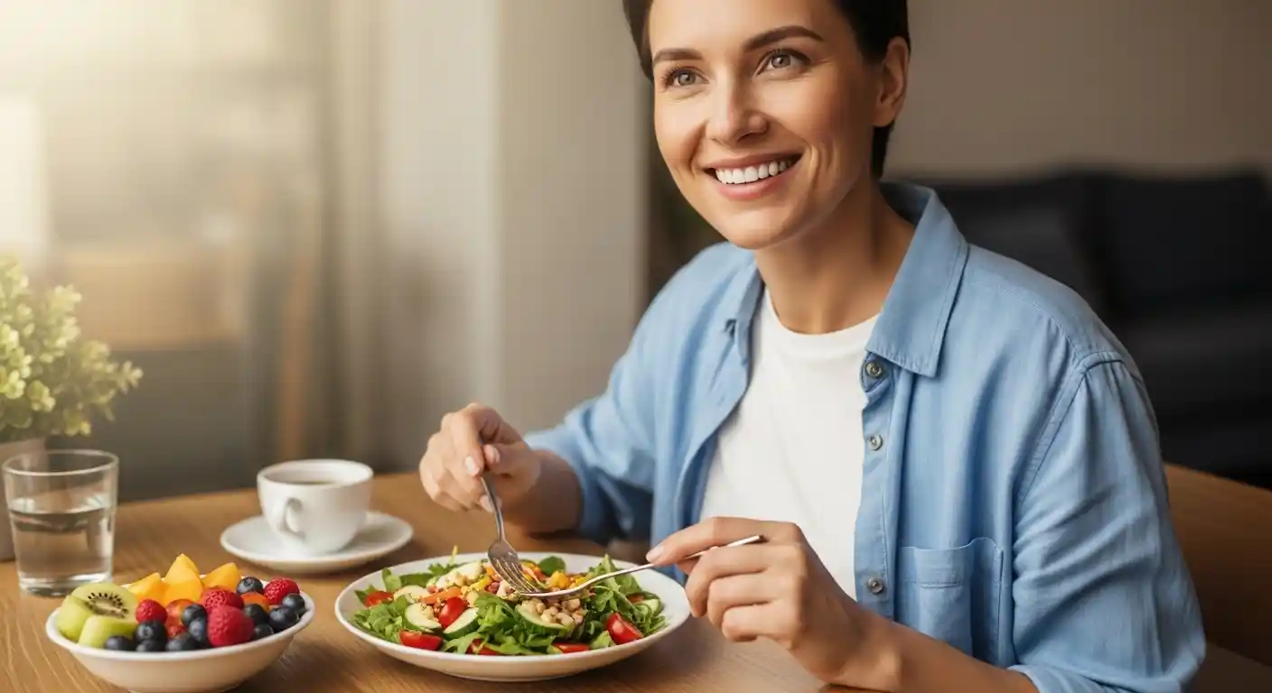 Patient eating comfortably after dental bridge treatment for missing teeth