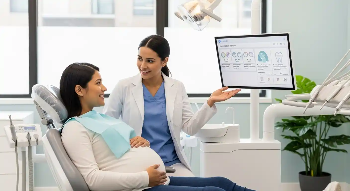 Pregnant woman consulting with a dentist at San Tan Dental in San Tan Valley, AZ, about pregnancy-safe dental care.