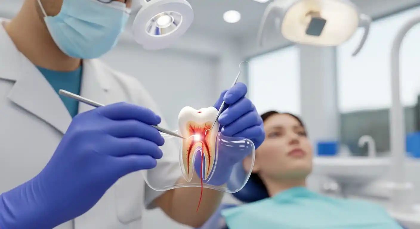 Dentist performing root canal treatment on a patient showing tooth pulp and canals