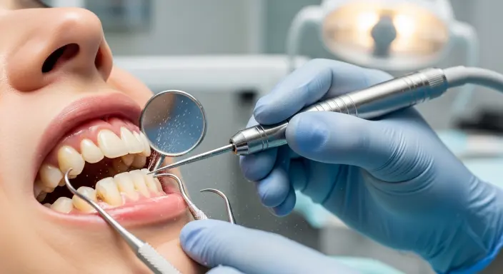 Dentist explaining hereditary gum disease to a parent and adult child using a visual chart in a modern dental office.