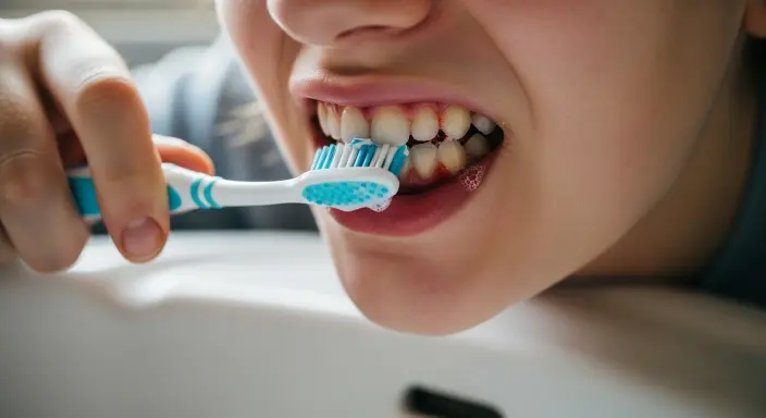Close-up of teeth being brushed with mild gum irritation and slight bleeding along the gumline caused by aggressive brushing in San Tan Valley, AZ
