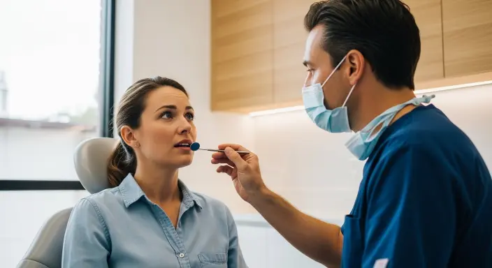 Dentist examining patient gums during a dental checkup in a modern dental clinic using dental mirror tools in San Tan Valley, AZ