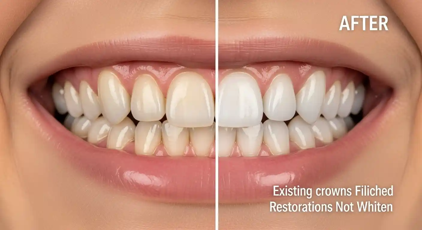 Before and after teeth whitening showing natural teeth becoming whiter while crowns and fillings remain unchanged