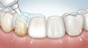 Illustration showing how teeth whitening removes stains from natural enamel while crowns remain unchanged