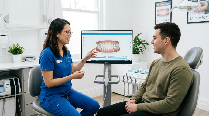 Dentist showing a patient a 3D Invisalign treatment plan during a consultation in a modern dental clinic.