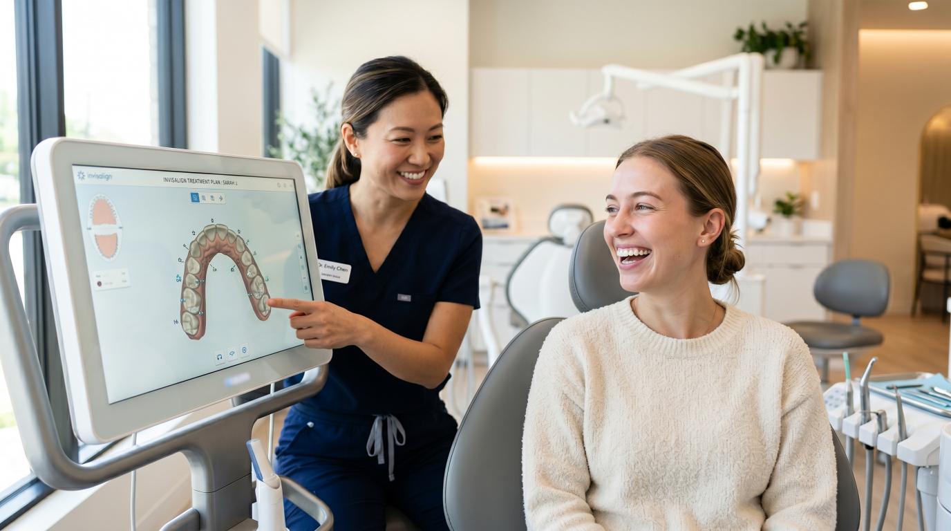 Patient wearing clear Invisalign aligners while viewing a digital smile treatment plan in a modern dental clinic.