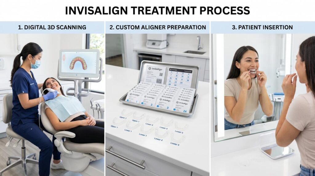 Step-by-step Invisalign treatment process including digital scan and clear aligners.