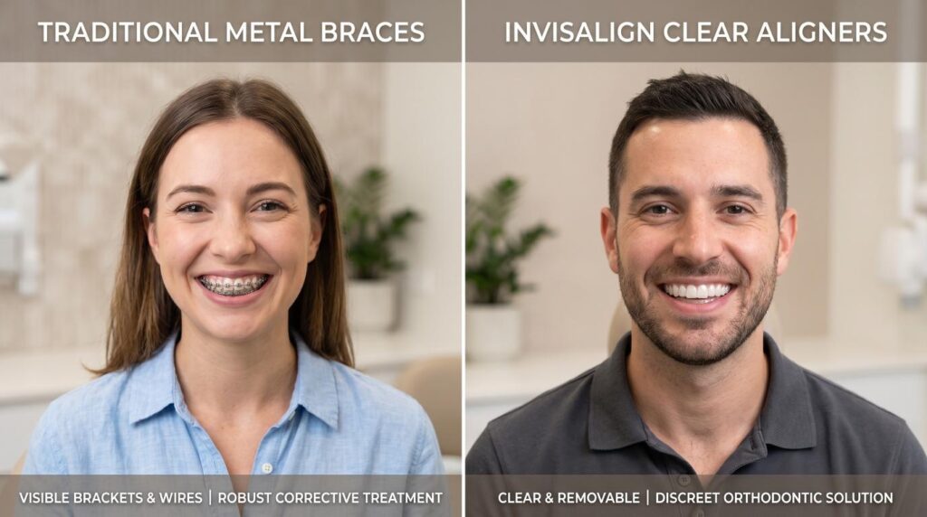 Comparison between traditional metal braces and clear Invisalign aligners.