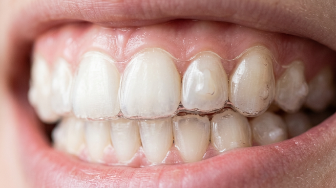 Close-up of clear Invisalign aligners fitted over straight white teeth.