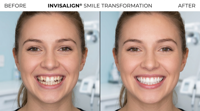 Before and after comparison showing teeth alignment improvement with Invisalign treatment.