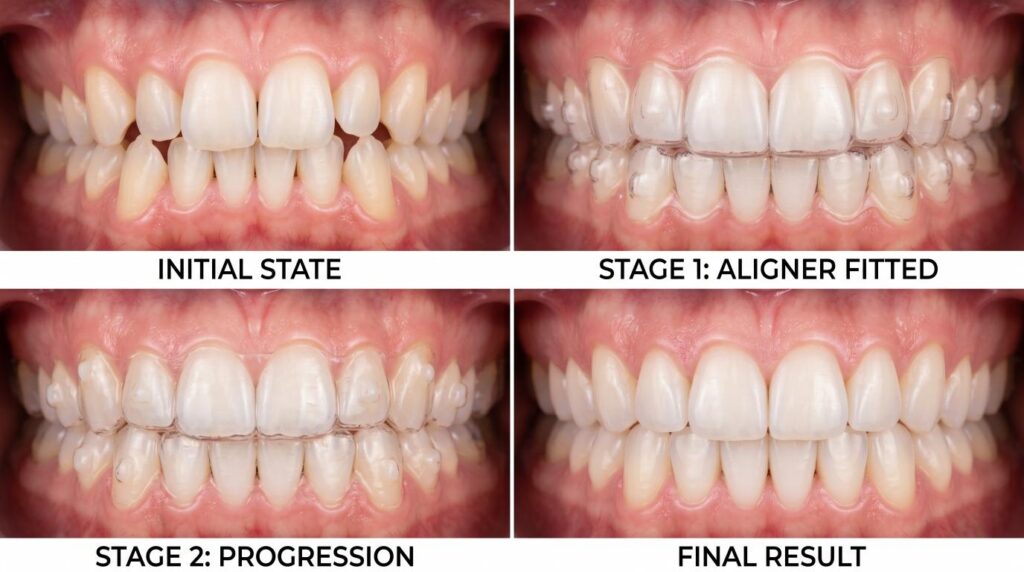 Clear aligners gradually straightening crooked teeth and fixing spacing issues.