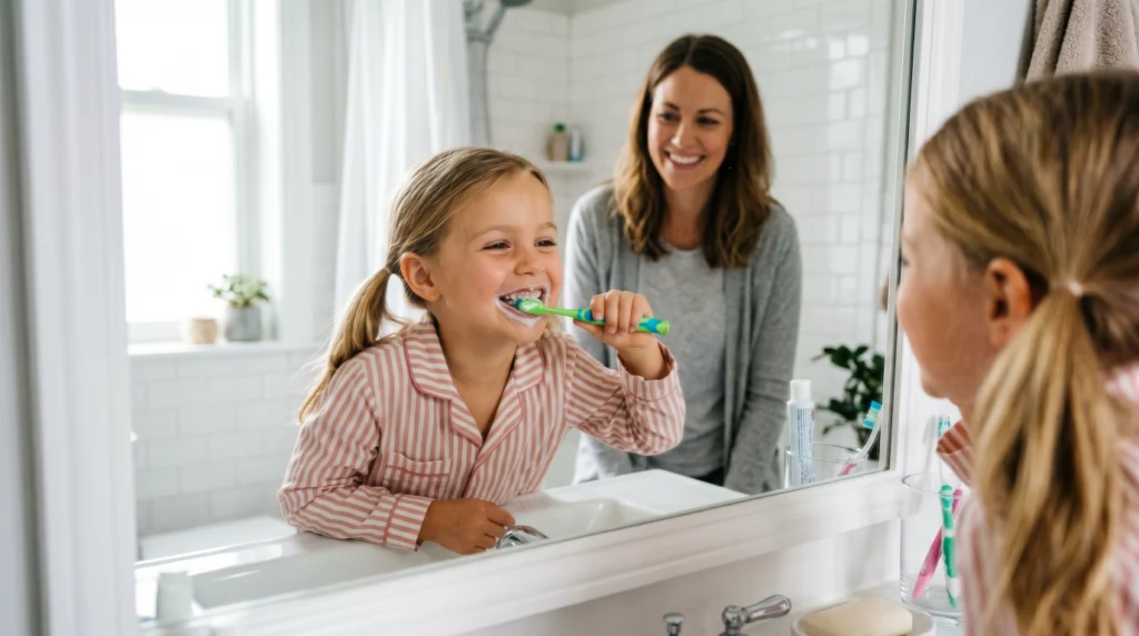 Child brushing teeth twice a day with fluoride toothpaste to help prevent cavities