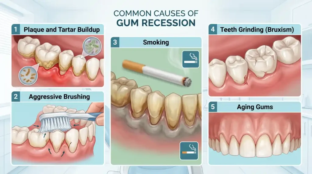 Common causes of gum recession including plaque buildup, smoking, and aggressive brushing