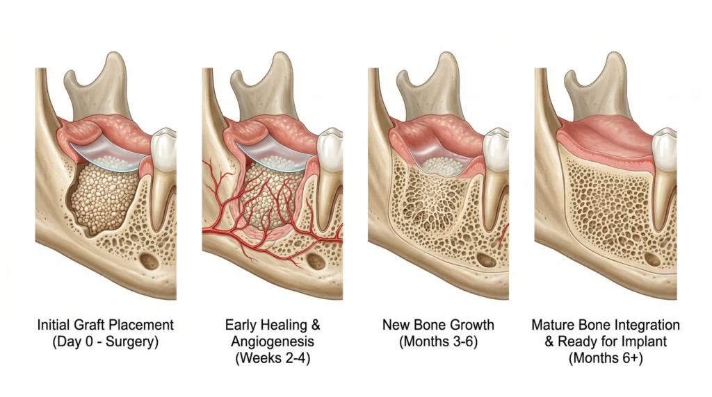 Stages of dental bone graft healing showing bone integration and new bone growth over time.