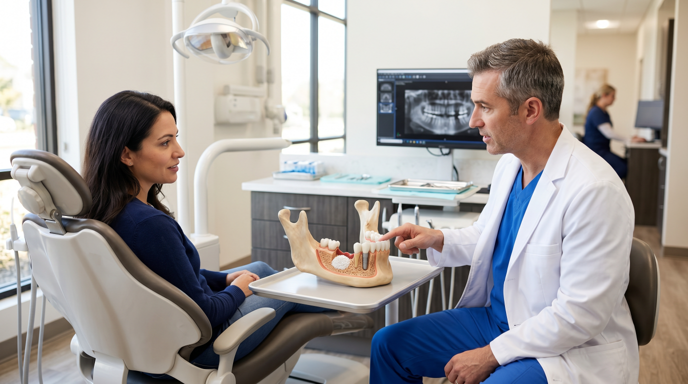 Dentist explaining a dental bone graft procedure to a patient using a jawbone model before dental implant treatment.