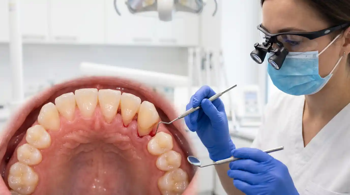 Dentist examining receding gums and exposed tooth roots in a patient.