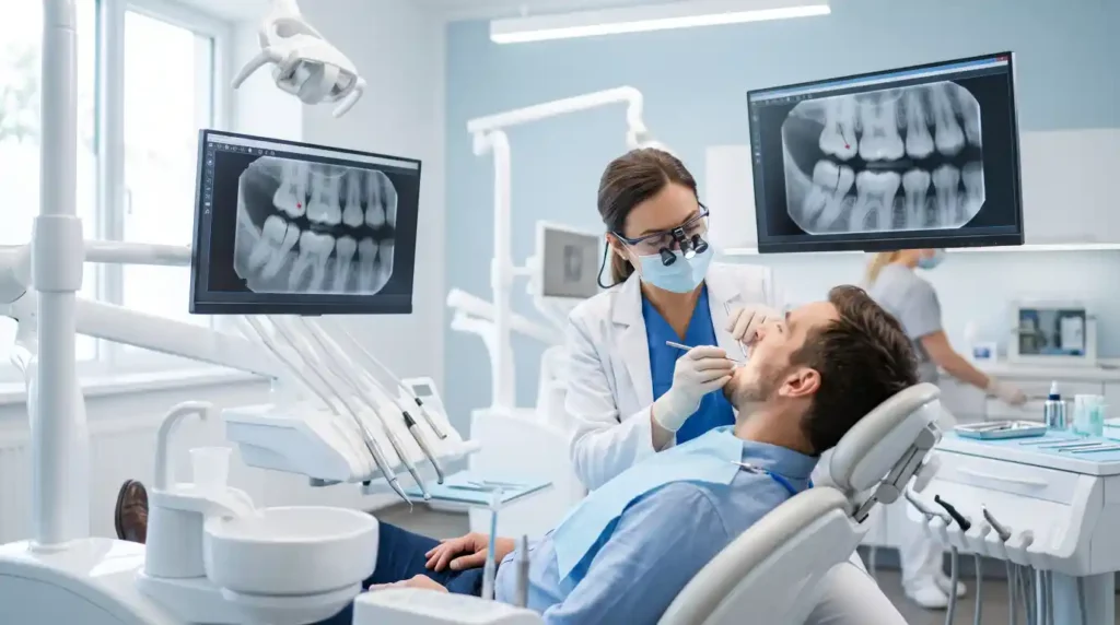 Dentist examining a cracked tooth using a dental mirror and digital X-ray.