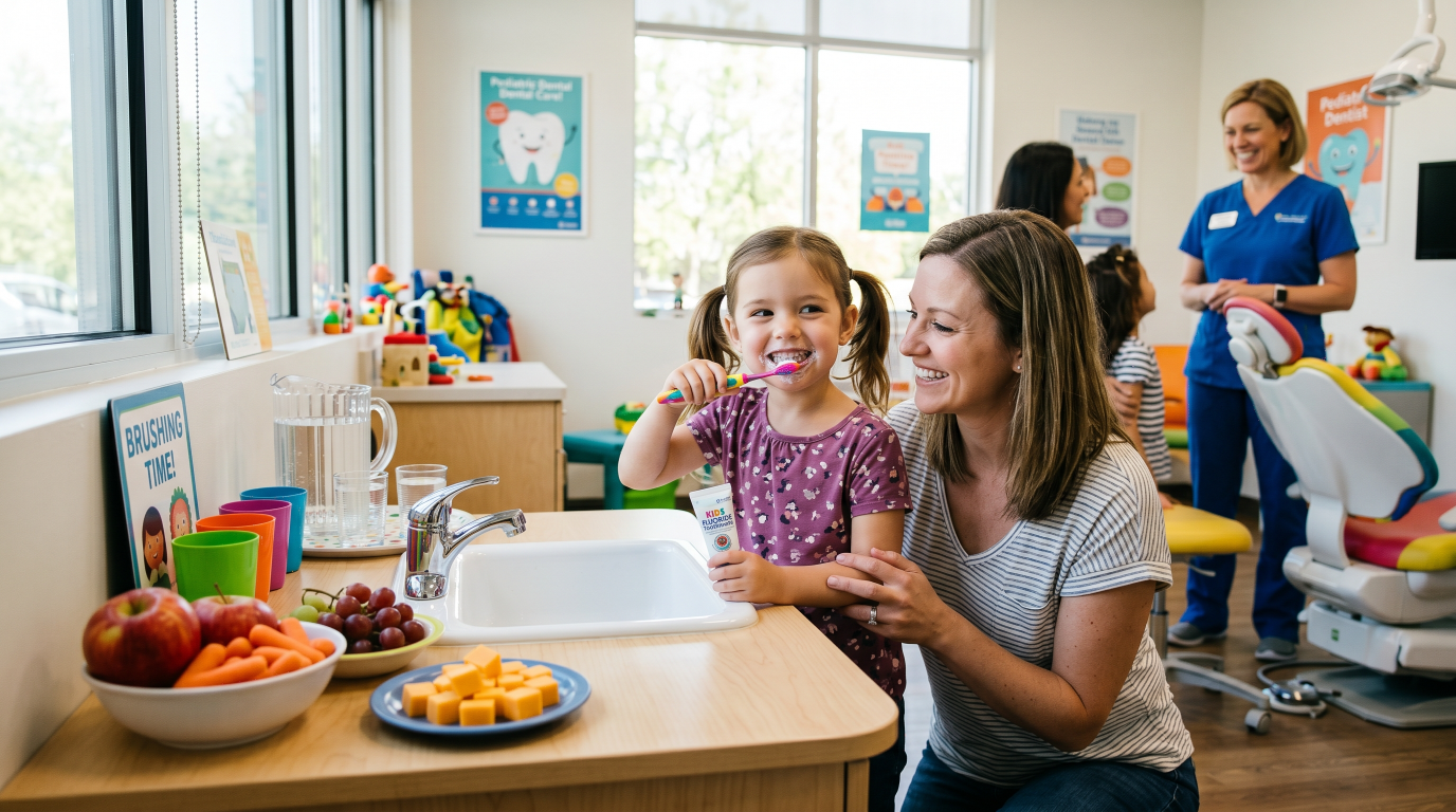 Parent helping a child brush teeth to prevent cavities and maintain healthy oral habits