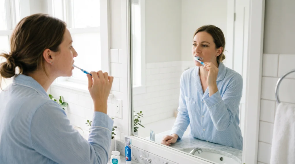Person correctly brushing and flossing teeth in a clean bathroom to remove dental plaque