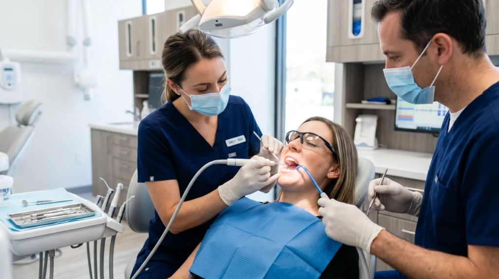 Dentist performing professional teeth scaling to remove tartar and plaque in a modern clinic