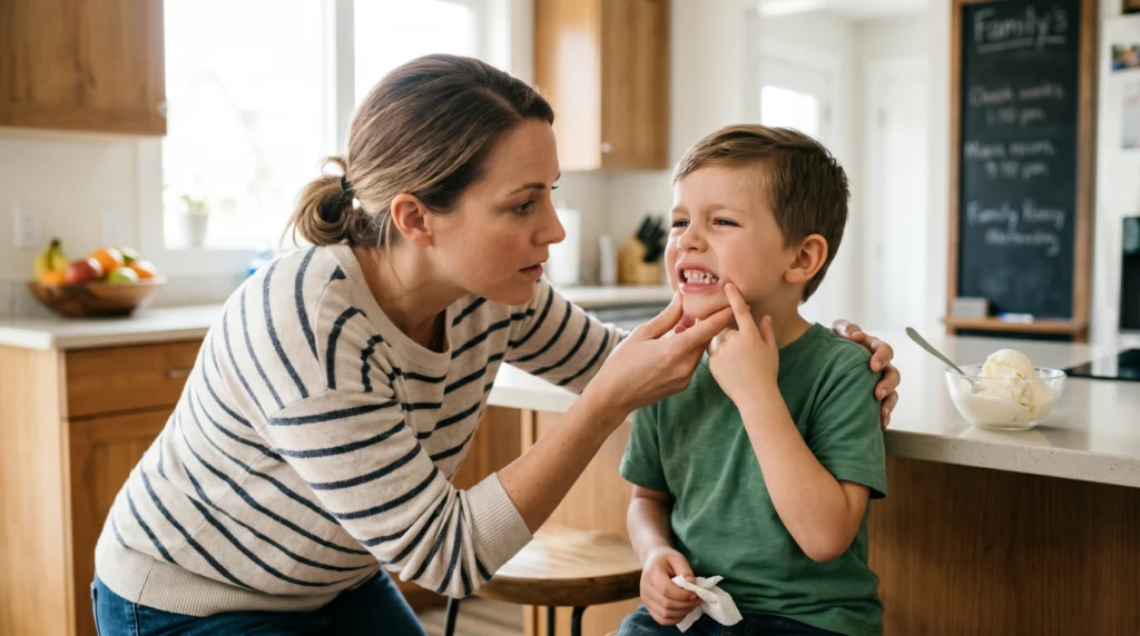 Parent noticing early signs of a cavity in a child's teeth during a dental health check