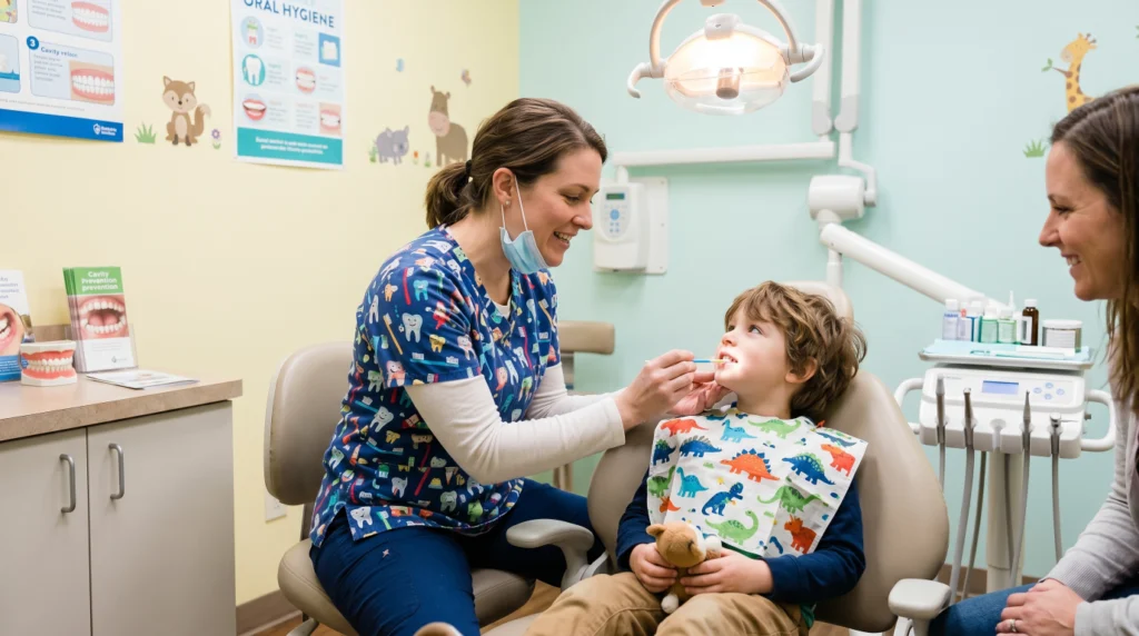 Pediatric dentist providing fluoride treatment to strengthen a child’s teeth
