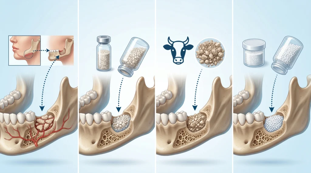Comparison of different dental bone graft materials including autograft, allograft, xenograft, and synthetic grafts.