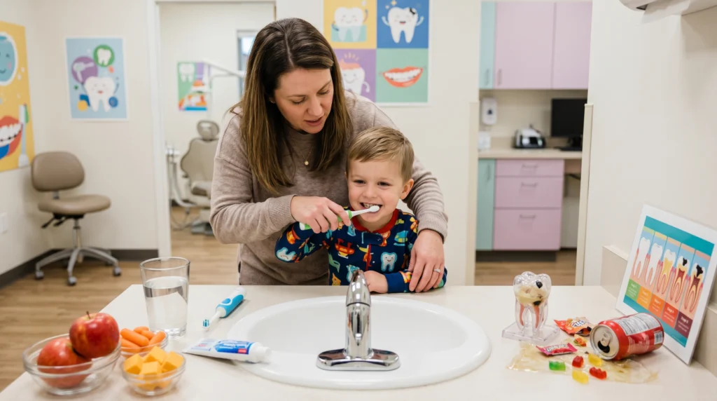 Parent teaching a child healthy oral hygiene habits to prevent cavities and tooth decay