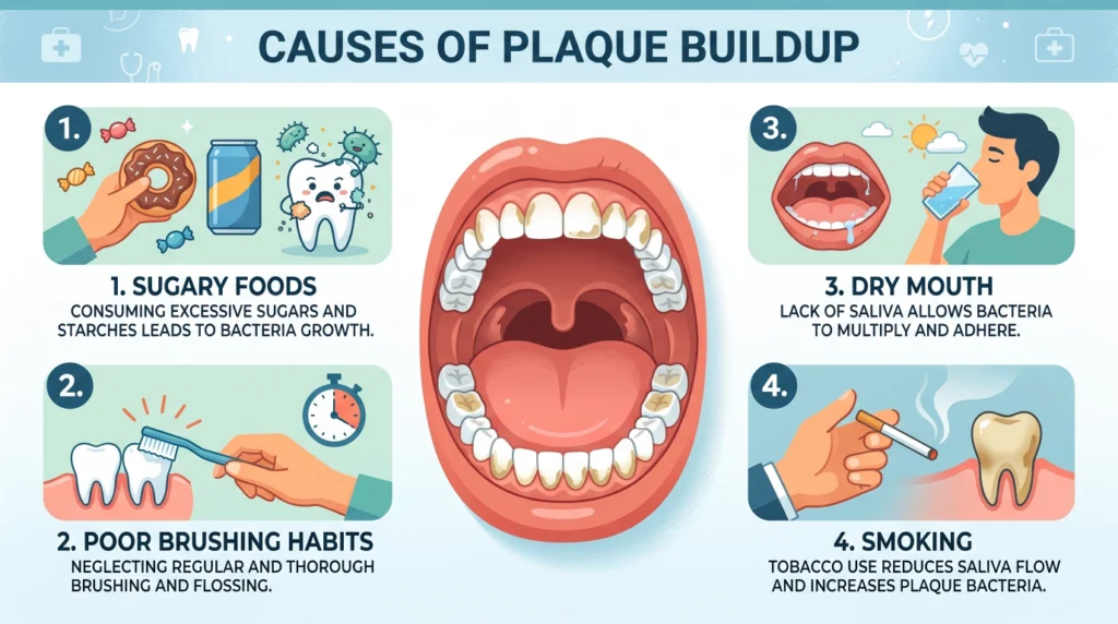 Illustration showing main causes of dental plaque including sugar, poor hygiene, dry mouth, and smoking