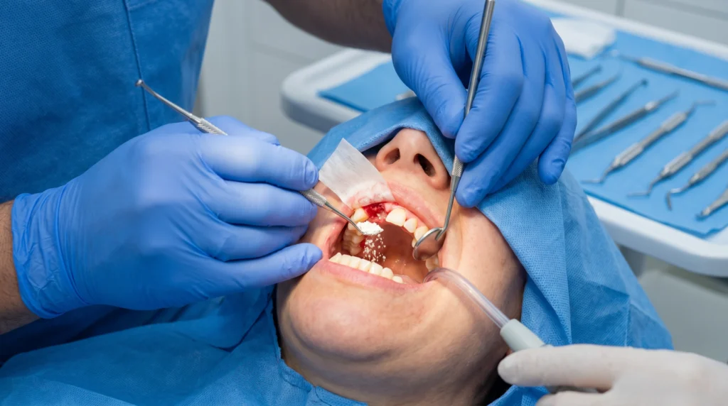Oral surgeon placing bone graft material into the jaw during a dental bone graft procedure.