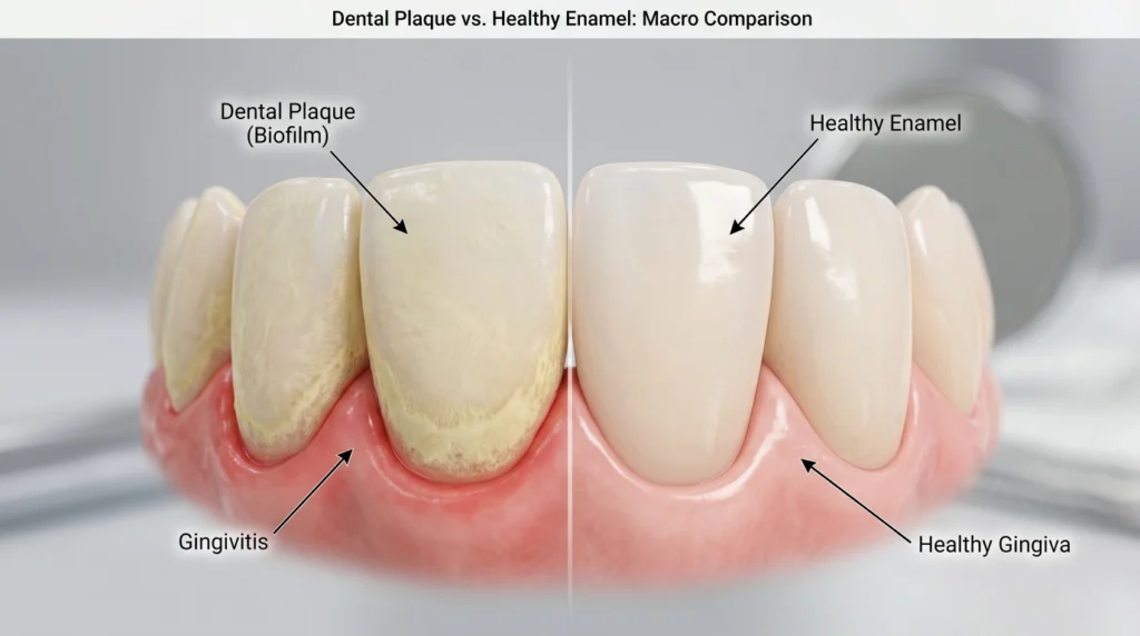 Close-up comparison showing clean teeth versus teeth with visible dental plaque buildup