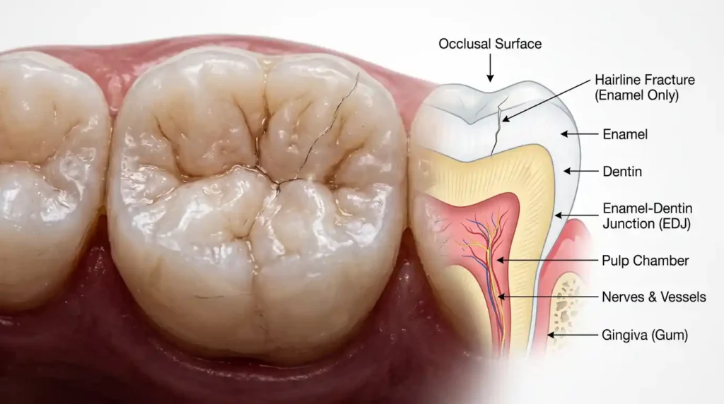 Close-up of a cracked tooth showing a small fracture.